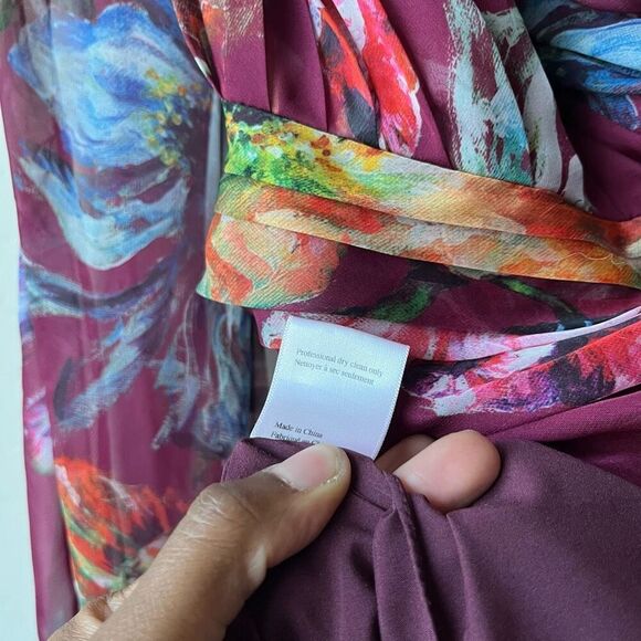 Marchesa Notte Burgundy Floral Print One Shoulder Chiffon‎ Midi Dress Size 2 - Picture 14 of 14